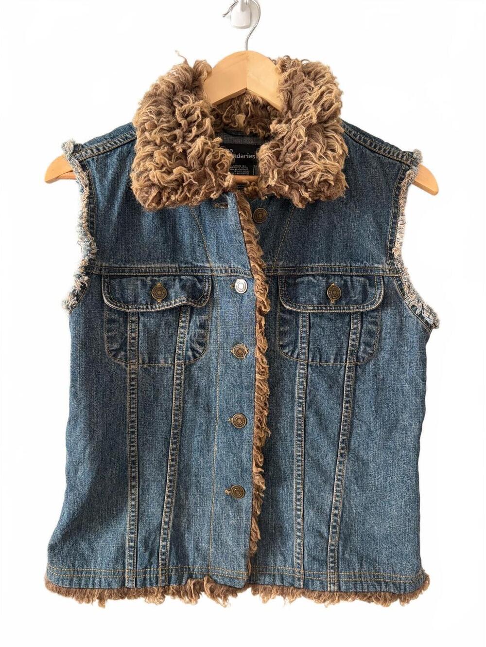 Vtg No Boundaries Denim Vest Juniors Size L Blue Faux Fur Lined Sherpa Collar
